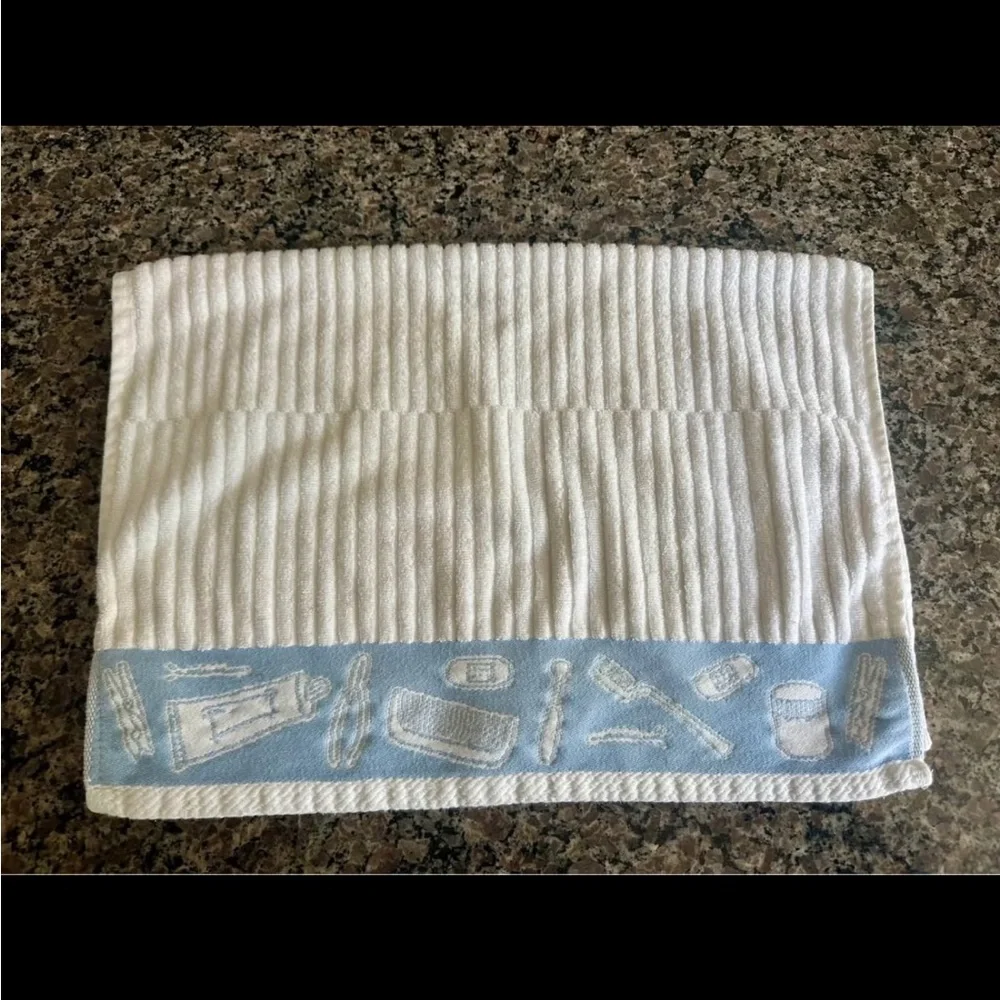 IKEA Ribbed Hand Towels – White with Blue Toiletry Print Trim (Set of 2)